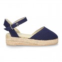 Cotton Canvas sandal espadrilles style with buckle fastening.