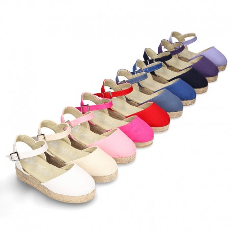 Cotton Canvas sandal espadrilles style with buckle fastening.