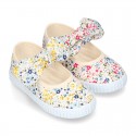 Cotton canvas Little Mary Janes with velcro strap and FLOWER print.