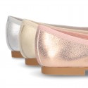 New METAL Soft suede leather ballet flats with adjustable ribbon.