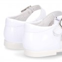 New patent leather sandals with ribbon and super flexible soles for little girls.