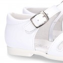 New patent leather sandals with ribbon and super flexible soles for little girls.