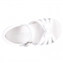 New patent leather sandals with ribbon and super flexible soles for little girls.