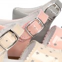 New patent leather sandals with STARS design for little girls.