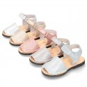 SHINNY leather kids Menorquina sandal shoes with hook and loop strap.