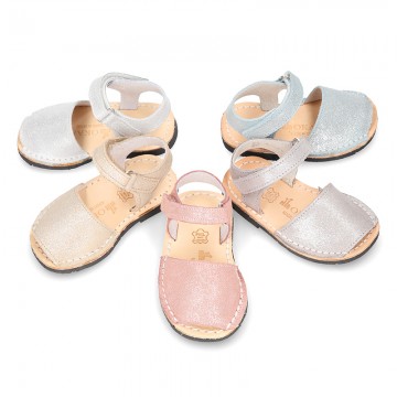 SHINNY leather kids Menorquina sandal shoes with hook and loop strap.