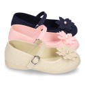 LINEN Canvas Mary Jane shoes with flower design.