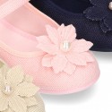 LINEN Canvas Mary Jane shoes with flower design.