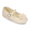 LINEN Canvas Mary Jane shoes with flower design.