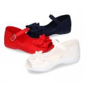 Cotton canvas little Mary Jane shoes SANDAL style with buckle fastening and ribbon..