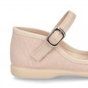 Cotton canvas little Mary Jane shoes SANDAL style with buckle fastening and ribbon..