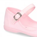 Cotton canvas little Mary Jane shoes SANDAL style with buckle fastening and ribbon..