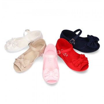 Cotton canvas little Mary Jane shoes SANDAL style with buckle fastening and ribbon..