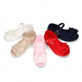 Cotton canvas little Mary Jane shoes SANDAL style with buckle fastening and ribbon..