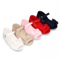 Cotton canvas little Mary Jane shoes SANDAL style with buckle fastening and ribbon..