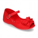 Cotton canvas little Mary Jane shoes SANDAL style with buckle fastening and ribbon..