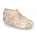 Cotton canvas little Mary jane shoes with velcro strap and FLOWER print for babies.