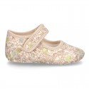 Cotton canvas little Mary jane shoes with velcro strap and FLOWER print for babies.