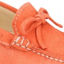 Suede leather Moccasin shoes with bows and driver type Outsole for large sizes.