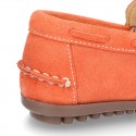 Suede leather Moccasin shoes with bows and driver type Outsole for large sizes.