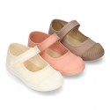 New Cotton canvas Mary Jane shoes with toe cap.