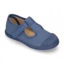 New Cotton canvas T-Strap shoes with toe cap and velcro strap.