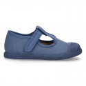 New Cotton canvas T-Strap shoes with toe cap and velcro strap.