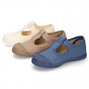 New Cotton canvas T-Strap shoes with toe cap and velcro strap.
