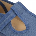New Cotton canvas T-Strap shoes with toe cap and velcro strap.