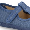 New Cotton canvas T-Strap shoes with toe cap and velcro strap.