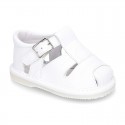 New Soft nappa leather sandals T-strap style for baby boys with design semi closed.