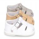 New Soft nappa leather sandals T-strap style for baby boys with design semi closed.