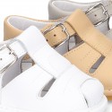 New Soft nappa leather sandals T-strap style for baby boys with design semi closed.