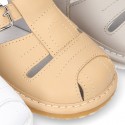 New Soft nappa leather sandals T-strap style for baby boys with design semi closed.