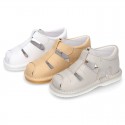 New Soft nappa leather sandals T-strap style for baby boys with design semi closed.