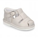 New Soft nappa leather sandals T-strap style for baby boys with design semi closed.