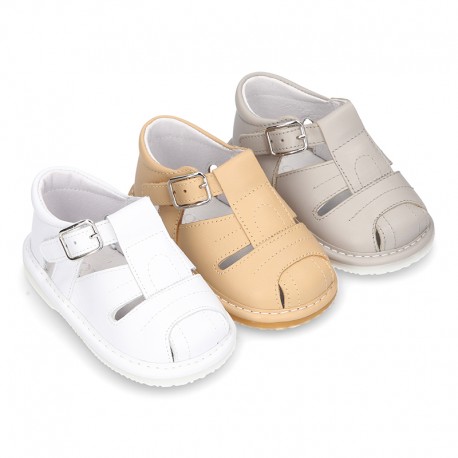 New Soft nappa leather sandals T-strap style for baby boys with design semi closed.