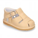 New Soft nappa leather sandals T-strap style for baby boys with design semi closed.