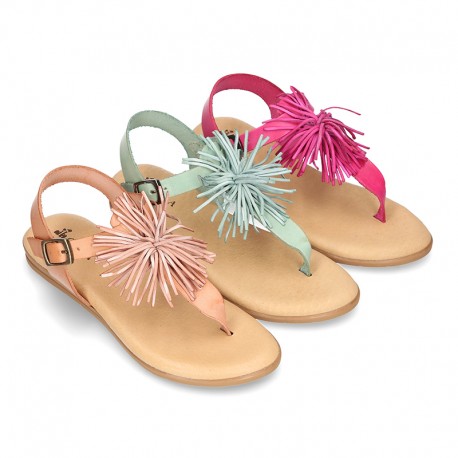 New Cowhide leather sandal shoes with POMPON design for toddler girls.