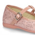 Cotton canvas T-strap Mary Jane shoes with shiny and patent effects.