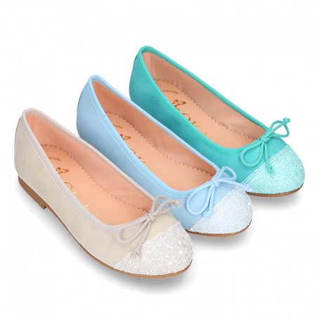 New GLITTER Soft suede leather ballet flats with adjustable ribbon.