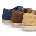 Laces up shoes espadrille style in suede leather little dots effect.