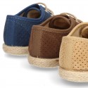 Laces up shoes espadrille style in suede leather little dots effect.