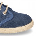 Laces up shoes espadrille style in suede leather little dots effect.