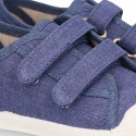 Nueva Zapatilla con puntera y doble velcro en lona piqué algodón en color JEANS.