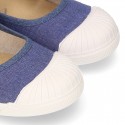 New Cotton canvas Mary Jane shoes in JEANS color with toe cap.