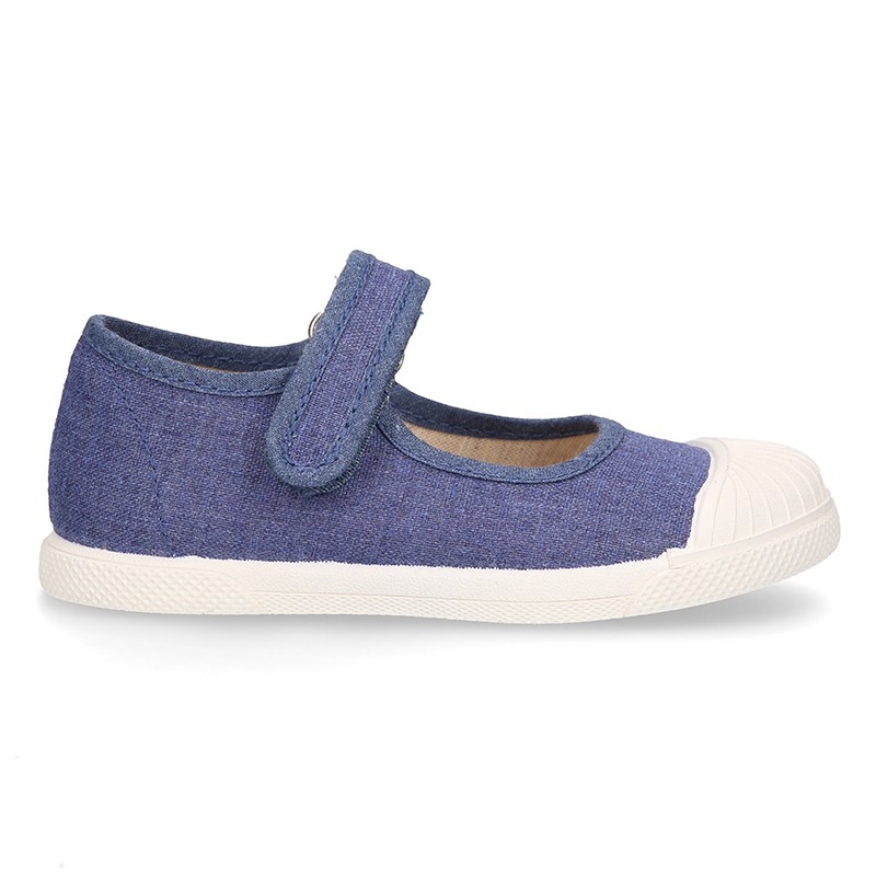 Cotton canvas Mary Jane shoes in JEANS color with toe cap. TK082 ...