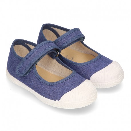 New Cotton canvas Mary Jane shoes in JEANS color with toe cap.