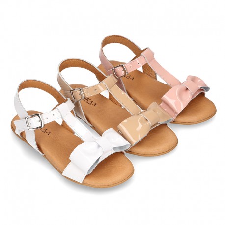 PATENT Leather Sandal shoes with big bow for toddler girls.