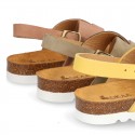 NUBUCK leather sandal shoes for toddler girls with crossed straps and white soles.